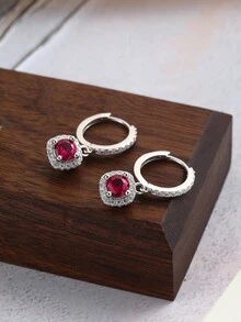 1雙S925純銀紅色石榴石和方晶鋯石鑲嵌女士耳環,時尚豪華多用途女士首飾類禮品 - 銀色 - 查看 2
