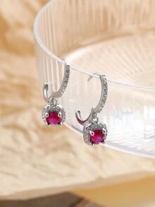1雙S925純銀紅色石榴石和方晶鋯石鑲嵌女士耳環,時尚豪華多用途女士首飾類禮品 - 銀色 - 查看 4