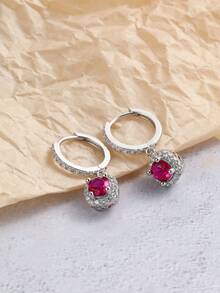 1雙S925純銀紅色石榴石和方晶鋯石鑲嵌女士耳環,時尚豪華多用途女士首飾類禮品 - 銀色 - 查看 3