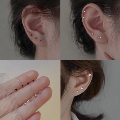 8 件/套复古简约风格黑白 CZ 耳钉套装 - 防过敏，可睡觉时佩戴，铜合金无镍电镀，适合女性日常佩戴，情人节、感恩节礼物，四季时尚配饰