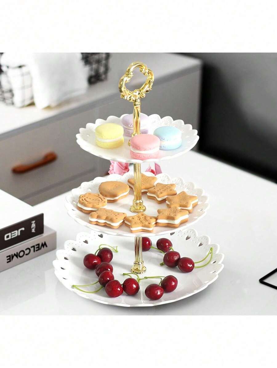 2pcs/Set 2 Tier Dessert Stand With Handle, Plastic Cupcake Display Holder For Buffet, White - White - View 1