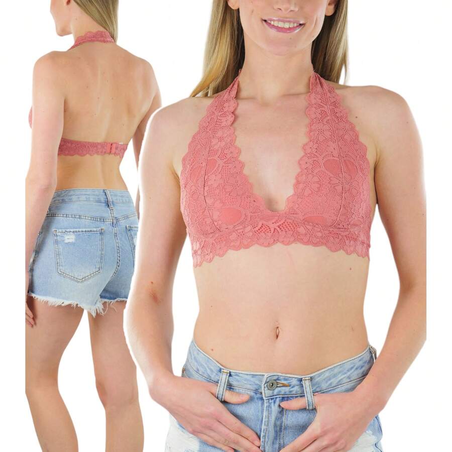 ToBeInStyle Women's Lined Lace Halter Stretch Bralette - 銅 - 查看 1