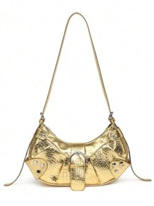 Lightweight Portable Vintage Crossbody Bag For Women: Punk & Gothic Y2K Style Vegan Leather Motorcycle Purse With Rivets, Metal Chains & Adjustable Strap – Accessories For Teens, College Girls, Street Fashion, Concerts, Music Festivals, And Edgy Outfits. - Vàng - Xem 2