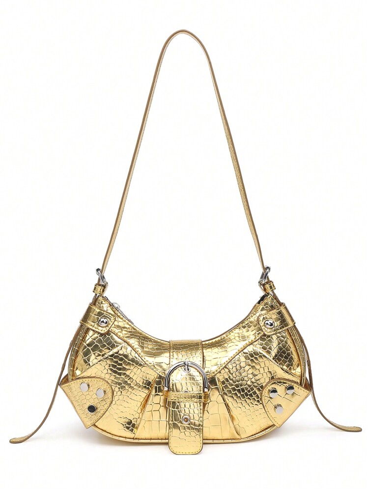 Lightweight Portable Vintage Crossbody Bag For Women: Punk & Gothic Y2K Style Vegan Leather Motorcycle Purse With Rivets, Metal Chains & Adjustable Strap – Accessories For Teens, College Girls, Street Fashion, Concerts, Music Festivals, And Edgy Outfits. - 金色 - 查看 2