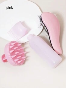 3pcs Hair Care Set Including Root Comb, Applicator Bottle, Hair Brush, Soft Silicone Scalp Brush, Head Spa Massager, Perfect For Home Salon And Gift Giving. - Pink - View 4