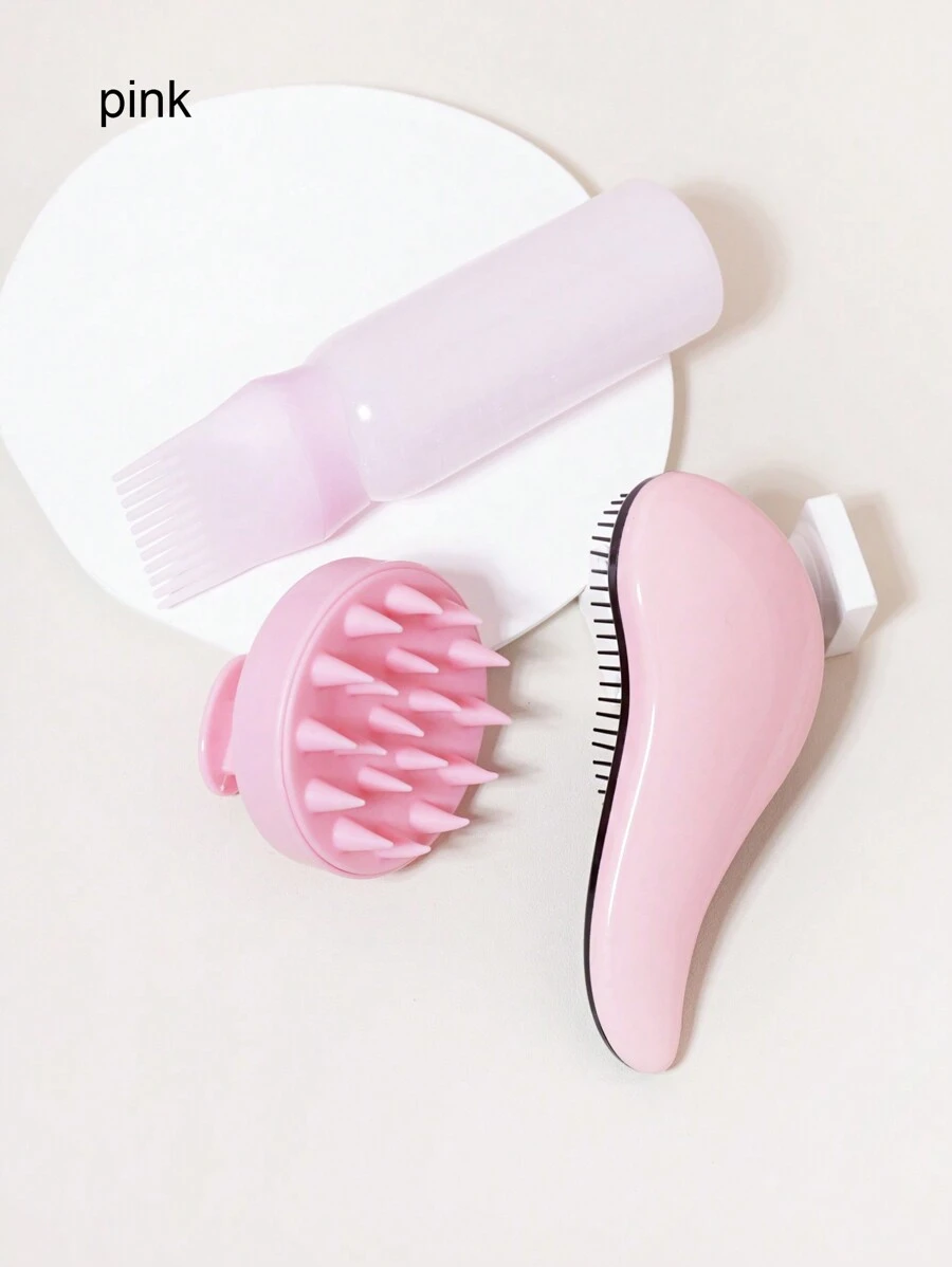 3pcs Hair Care Set Including Root Comb, Applicator Bottle, Hair Brush, Soft Silicone Scalp Brush, Head Spa Massager, Perfect For Home Salon And Gift Giving. - Pink - View 1
