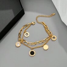 1 Peça Pulseira De Corrente Dupla Com Pingente De Círculo De Números Romanos Fashion