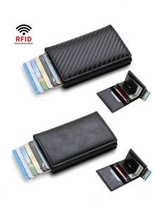 Cartera minimalista para hombre, soporte de tarjeta anti-RFID con monedero para tarjetas de crédito de bloqueo RFID para hombres y mujeres, tarjetero delgado con función bancaria segura, cartera minimalista emergente delgada con tamaño pequeño negro metálico con bloqueo, monedero pequeño con pop up