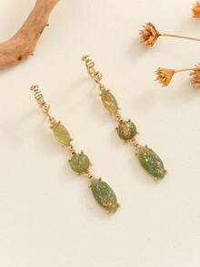 1對復古宮廷風格長流蘇珠片耳夾,翡翠和玉石,優雅且適合非穿刺耳朵 - 綠色 - 查看 2