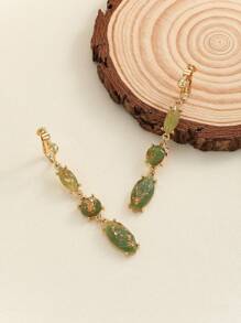 1對復古宮廷風格長流蘇珠片耳夾,翡翠和玉石,優雅且適合非穿刺耳朵 - 綠色 - 查看 1