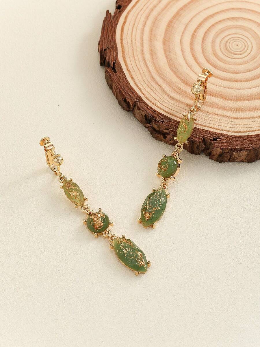 1對復古宮廷風格長流蘇珠片耳夾,翡翠和玉石,優雅且適合非穿刺耳朵 - 綠色 - 查看 1