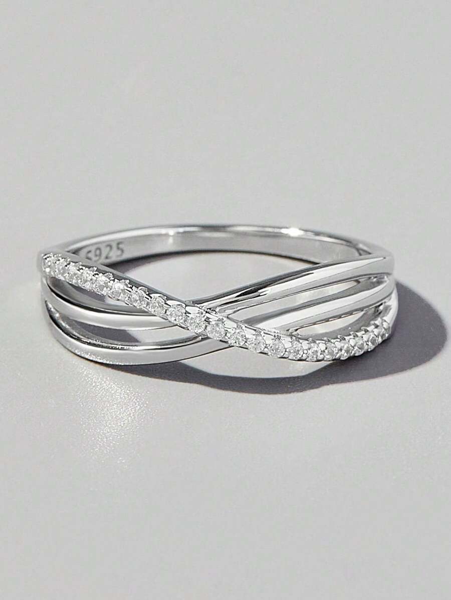 立方氧化鋯裝飾銀質婚戒,適用於女性新娘婚禮精品珠寶婚約 - 銀色 - 查看 1