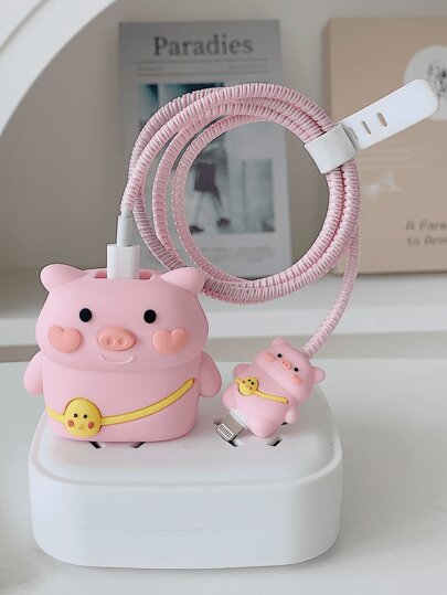 可爱的充电器和数据线保护器套装兼容 Apple 20w 充电器，包括电线保护器、绕线器和插头盖，4 件套充电器保护器