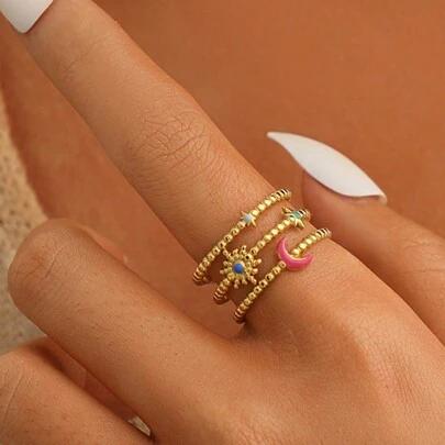COINBUFF 1pc Fashionable Oil Drip Stars & Moon & Line Design Stainless Steel Gold Plated Open Ring, Suitable For Women's Daily Wear