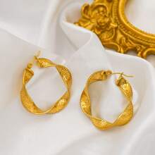 1對不鏽鋼鍍金ins風格復古簡約幾何圓形圖案轉繞耳環 - 金色 - 查看 3