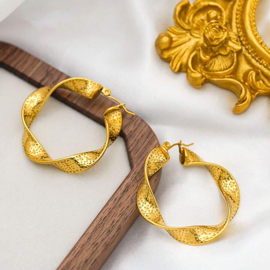 1對不鏽鋼鍍金ins風格復古簡約幾何圓形圖案轉繞耳環 - 金色 - 查看 1