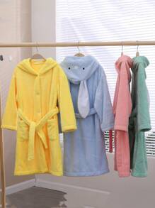 1pc Coral Fleece 3D Ear Embroidered Rabbit Hooded Bathrobe, Loungewear, Robe, High-End Home Wear, Suitable For Bathing, Pool, Gift - Green - View 5