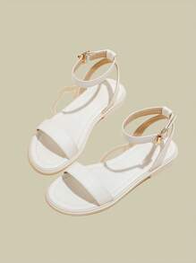 Dép hở mũi đế phẳng màu trắng dành cho nữ, Dép đi biển đế mềm mùa hè có dây đeo mắt cá chân - trắng - Xem 4