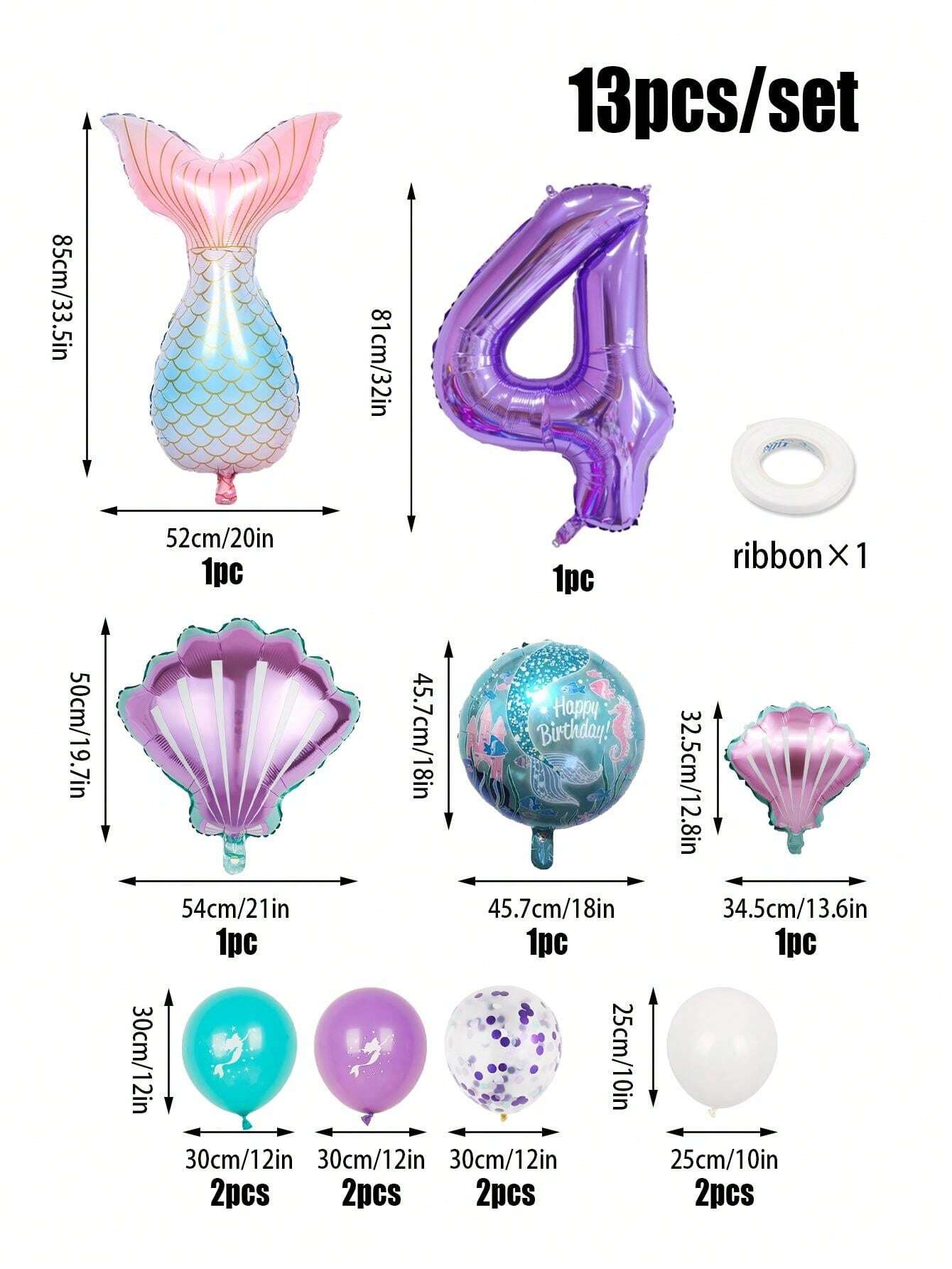 13pcs/Set Mermaid Tail Balloons Kit, Comes With Confetti, Mermaid Tail