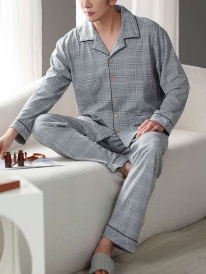 [PONX]1套男士格子图案撞色滚边长袖上衣和裤子家居服套装，适合春秋季穿着，透气吸汗，秋冬服装