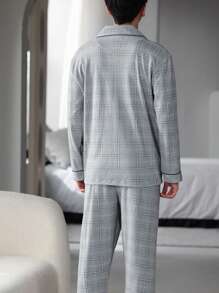 1set Men Plaid Pattern Contrast Color Trimmed Long Sleeve Top And Pants Homewear Suit For Spring/Autumn, Breathable And Sweat-Absorbing, Fall Winter Clothes