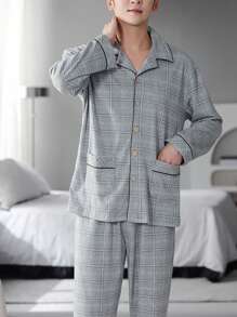 1set Men Plaid Pattern Contrast Color Trimmed Long Sleeve Top And Pants Homewear Suit For Spring/Autumn, Breathable And Sweat-Absorbing, Fall Winter Clothes