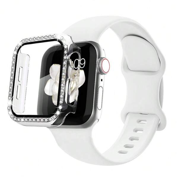 1set 3-In-1 Minimalist New Solid Color Butterfly Buckle Silicone Watch Band + Case Film + PC Watch Protective Case, Bling Inlaid, Compatible With Apple Watch 38/40/41/45/44/42/46/49mm, Compatible With Apple Watch Ultra Series Ultra 9 8 7 6 5 4 3 2 1 SE, Comfortable Breathable Wristband, Scratch-Resistant Waterproof Shockproof Watch Protector For Women And Men