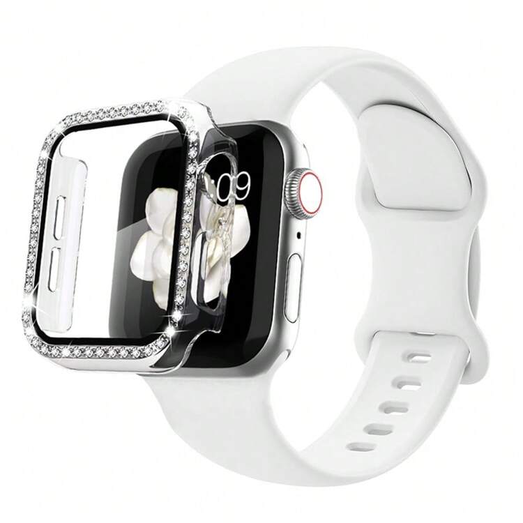 1set 3-In-1 Minimalist New Solid Color Butterfly Buckle Silicone Watch Band + Case Film + PC Watch Protective Case, Bling Inlaid, Compatible With Apple Watch 38/40/41/45/44/42/46/49mm, Compatible With Apple Watch Ultra Series Ultra 9 8 7 6 5 4 3 2 1 SE, Comfortable Breathable Wristband, Scratch-Resistant Waterproof Shockproof Watch Protector For Women And Men - Clear - View 1