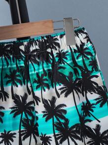 1 套青少年男孩休闲 Polo 领棕榈树印花 T 恤和全幅海滩日落棕榈树印花短裤，春夏 - 彩色 - 查看 5