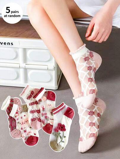 5 cặp/gói Kính trong suốt Lụa pantyhose Với Hoa Họa tiết Hoa hồng Đối với phụ nữ ( Phong cách ins )