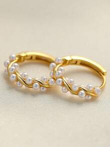 Flyleaf 2pcs 925 Sterling Silver Luxury 18k Gold Plated Shell Faux Pearl Hoop Earrings, Suitable For Daily Wear Premium Jewelry - Gold - View 1