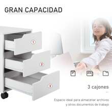 HOMCOM Armario Archivador Móvil para Oficina Cajonera Madera 3 Cajones Con Ruedas(2 con Frenos) 40x50x57.5cm MDF - Blanco - Ver 3