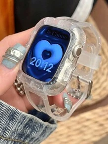 1入女性閃光透明矽膠手錶表帶和外殼，兼容蘋果手錶帶40mm、38mm、41mm、42mm、44mm、45mm，時尚運動手錶替代帶，適用於SE 8 7 6 5 4 3 2 1系列