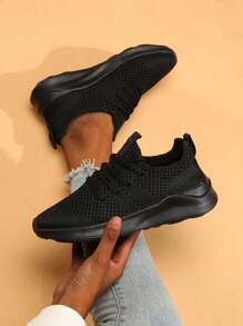 女鞋女士運動鞋輕便時尚運動網球運動健身黑色休閒鞋橡膠鞋底跑步鞋 - 黑色 - 查看 5