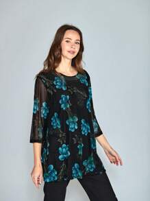 Blusa de Señora Estampada en Tallas Amplias, Diseño Exclusivo,  Ligero, Ideal para Otoño e Invierno - Azul - Ver 4