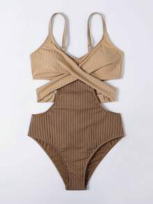 夏季时尚连体海滩泳衣 - 棕色 - 查看 3