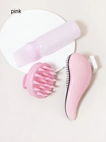 3pcs Hair Care Set Including Root Comb, Applicator Bottle, Hair Brush, Soft Silicone Scalp Brush, Head Spa Massager, Perfect For Home Salon And Gift Giving. - Pink - View 5