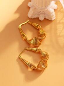 1 bộ 2 chiếc/Hoa tai thép không gỉ thiết kế hình elip bất đối xứng thời trang cá nhân hóa mạ vàng 18k, thích hợp cho các quý cô đeo khi dự tiệc hoặc đi làm - Vàng - Xem 10