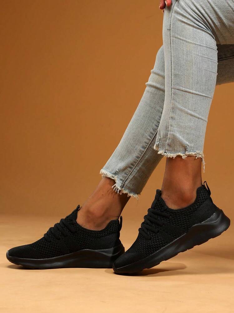 女鞋女士運動鞋輕便時尚運動網球運動健身黑色休閒鞋橡膠鞋底跑步鞋 - 黑色 - 查看 7