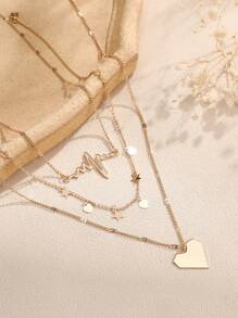 Nooxian 3 件/套金色时尚心形、星形、心电图吊坠多层项链（吊坠数量、间距和位置随机排列）情人节、妈妈、母亲、母亲节、礼物 - 金黃色 - 查看 3