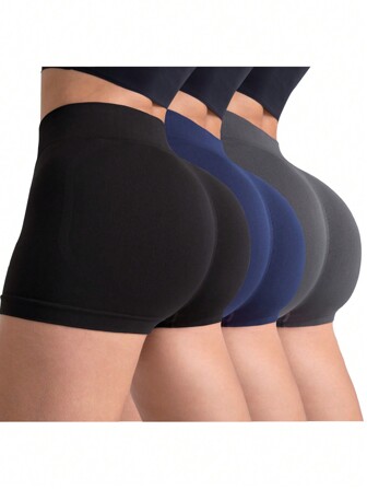 3pcs/Set Women's Seamless High-Waisted Peach Hip Solid Yoga Workout Shorts Spandex Shorts Booty Shorts Women Boxer Shorts