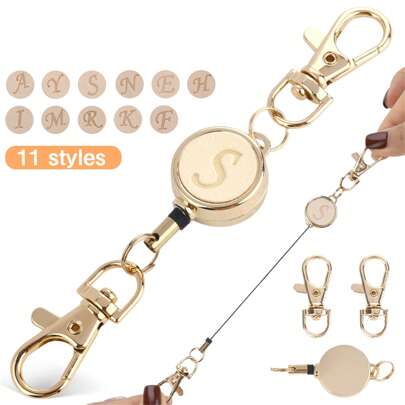 1pc Fashion Gold Plated Adjustable Initial Hook Clasp - Multi-Purpose Retractable Lanyard For Bags, Cards, Keys, Convenient For Daily Use, Personalized Gift