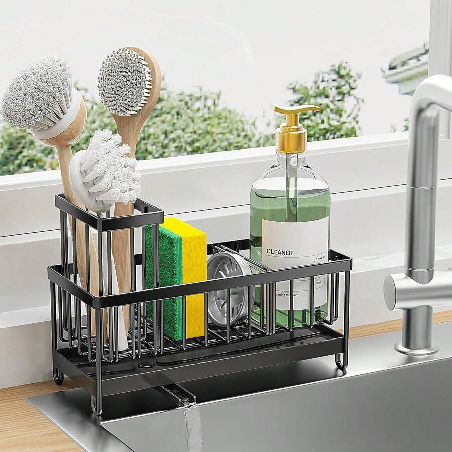 Cisily Sink Caddy Kitchen Organizer, Sponge Holder For Kitchen Sink, Black Kitchen Sink Organizer,Rust-Resistant Sink With Brush Holder,Kitchen Accessories - màu đen - Xem 1