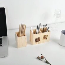 1pc Natural Wood Desk Pen Holder Stationery Storage Organizer - Apricot - View 2