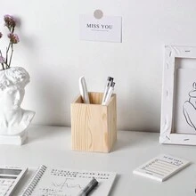 1pc Natural Wood Desk Pen Holder Stationery Storage Organizer - Apricot - View 1