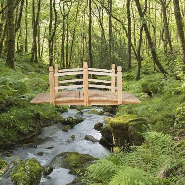 Holzbrücke aus Tannenholz, Gartenbrücke bis 100 kg, Teichbrücke Braun, Zierbrücke mit Geländer, 150x67x55cm (Natur)