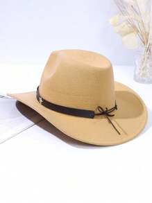 1pc Kid Gift Hat With Metallic Star, Western Style Cowboy Hat, Faux Knitted Felt Jazz Hat - Khaki - View 4