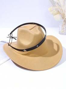 1pc Kid Gift Hat With Metallic Star, Western Style Cowboy Hat, Faux Knitted Felt Jazz Hat - Khaki - View 5