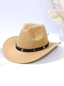 1pc Kid Gift Hat With Metallic Star, Western Style Cowboy Hat, Faux Knitted Felt Jazz Hat - Khaki - View 3