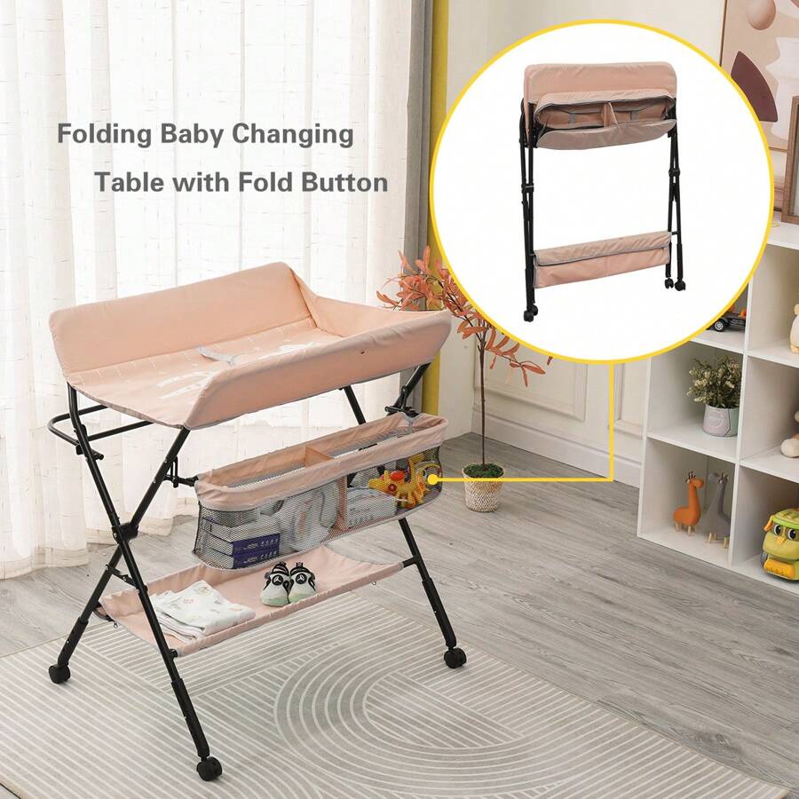 Baby Nappy Changing Table With Wheels And Storage, Folding Infant Care